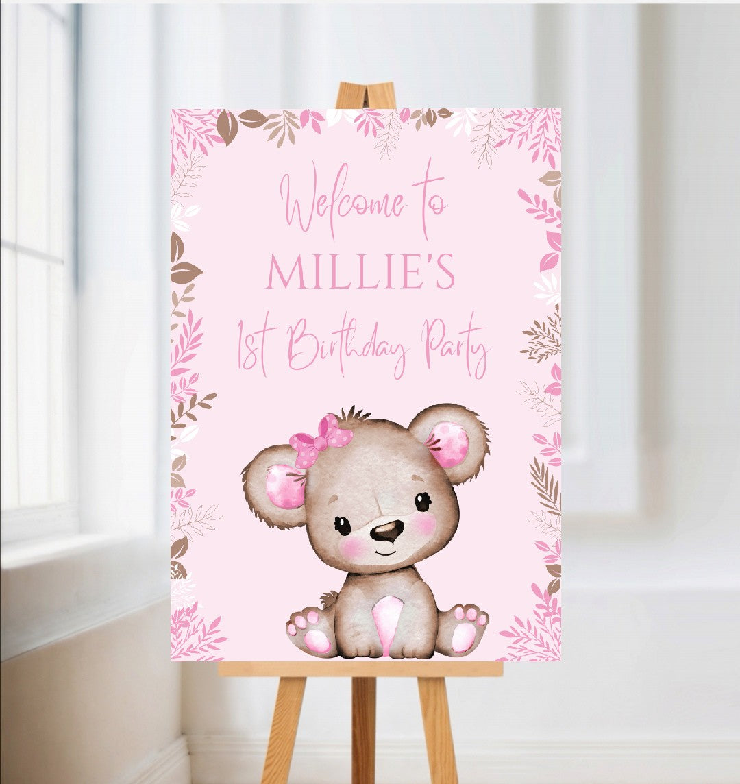 Pink Or White Teddy Bear Welcome Board Sign | Personalised Baby Shower, Birthday Party Board | Party Sign | A4, A3, A2