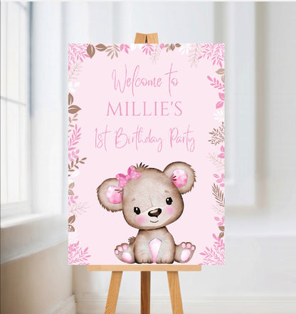 Pink Or White Teddy Bear Welcome Board Sign | Personalised Baby Shower, Birthday Party Board | Party Sign | A4, A3, A2