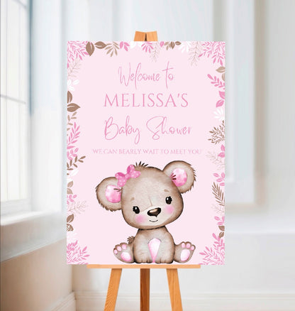 Pink Or White Teddy Bear Welcome Board Sign | Personalised Baby Shower, Birthday Party Board | Party Sign | A4, A3, A2