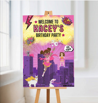 Superhero Welcome Board Sign | Personalised Superhero Supergirl Birthday Party Board | Party Sign | A4, A3, A2